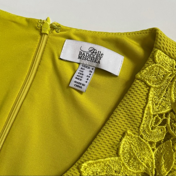 Badgley Mischka Chartreuse Yellow Lace Dress sz 4 - Picture 6 of 14